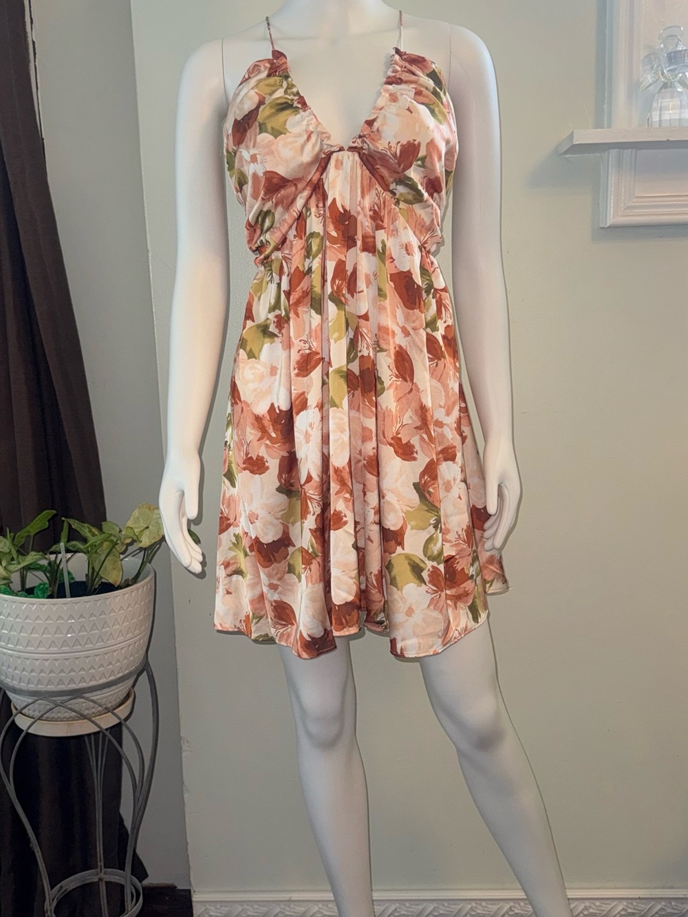 Abercrombie & Fitch Floral Slip Mini Dress in Cream, Brown & Green
